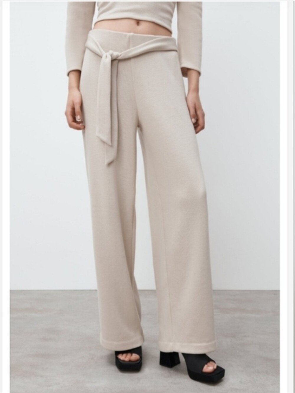 Zara Cream Wide-Leg Tie-Waist Pants